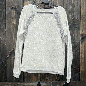 KOCH Sweater Size S‎ Grey Fringe Boho Soft Cotton Blend Holiday Metallic